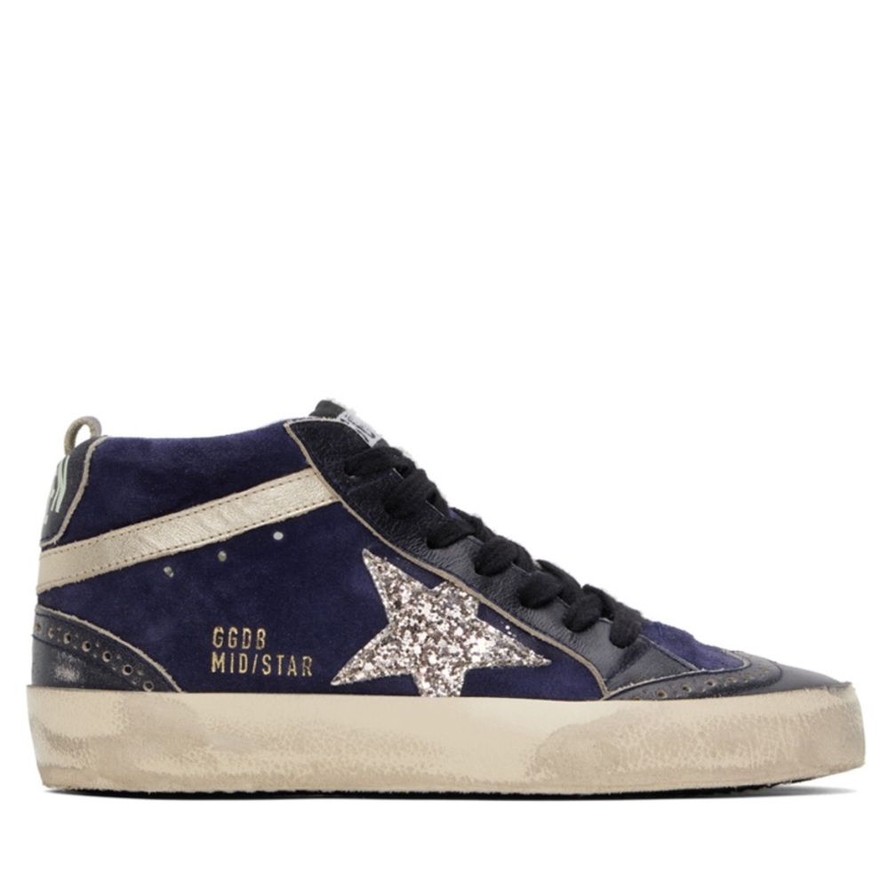Golden Goose Mid Star Sneaker Navy Blue Gold Glitter NIB Auth